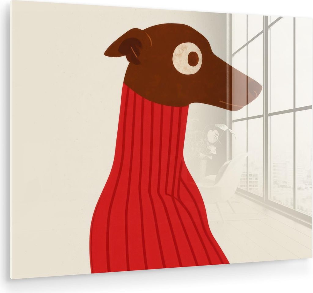 MuchoWow Glasbilder - Bilder auf Wandbild - Foto auf Glas Silhouette - Hund - Pullover - Rot 80x60 cm Wanddekoration aus Glas - Acrylglasbild - Acr...