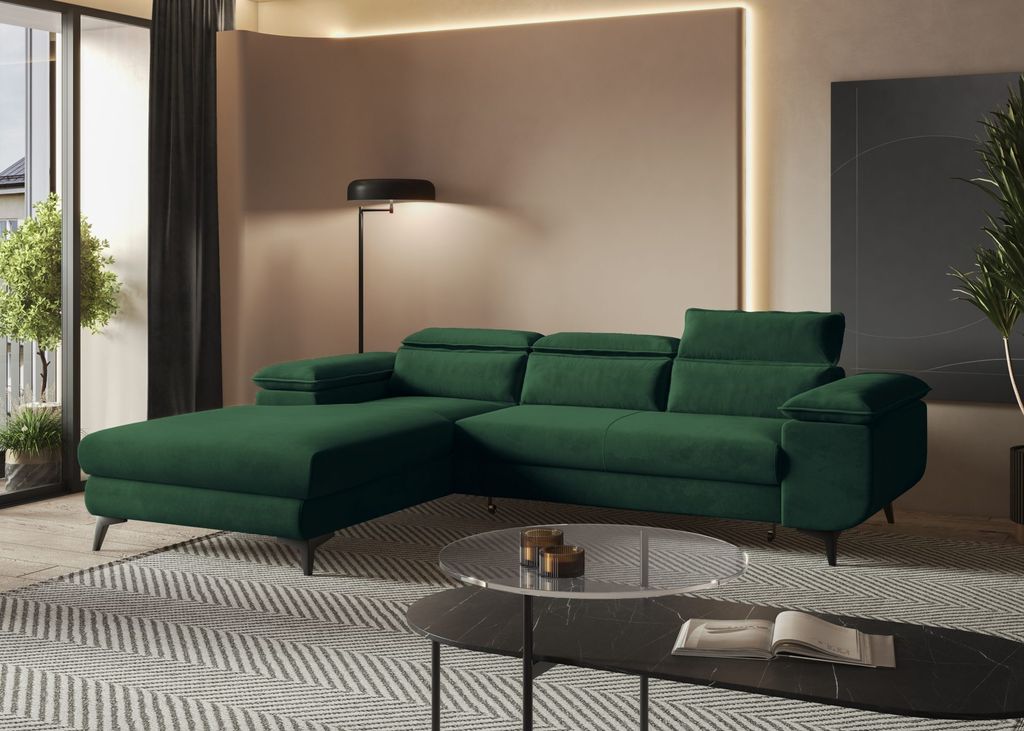 Easy4You FLAT Ecksofa Flaschengrün L-Form Links 276 x 74 x 205 cm mit Schlaffunktion und Stauraum - Schlafsofa mit Bettkasten - Moderne Wohnzimmer...