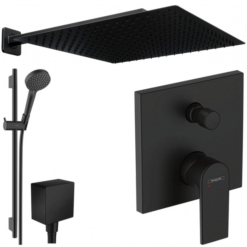 Hansgrohe und Jowi Unterputz Duschsystem Schwarz, Vernis Shape, 650mm Brausestange, Duscharmatur, 360mm Kopfbrause, OHNE iBox