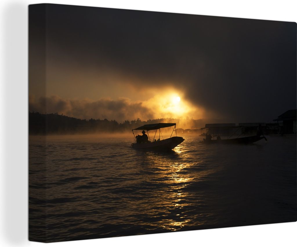 OneMillionCanvasses - Leinwandbilder - 150x100 cm, Boot mit Nebel im Sonnenuntergang, Wandbilder Kunstdruck Wanddekoration
