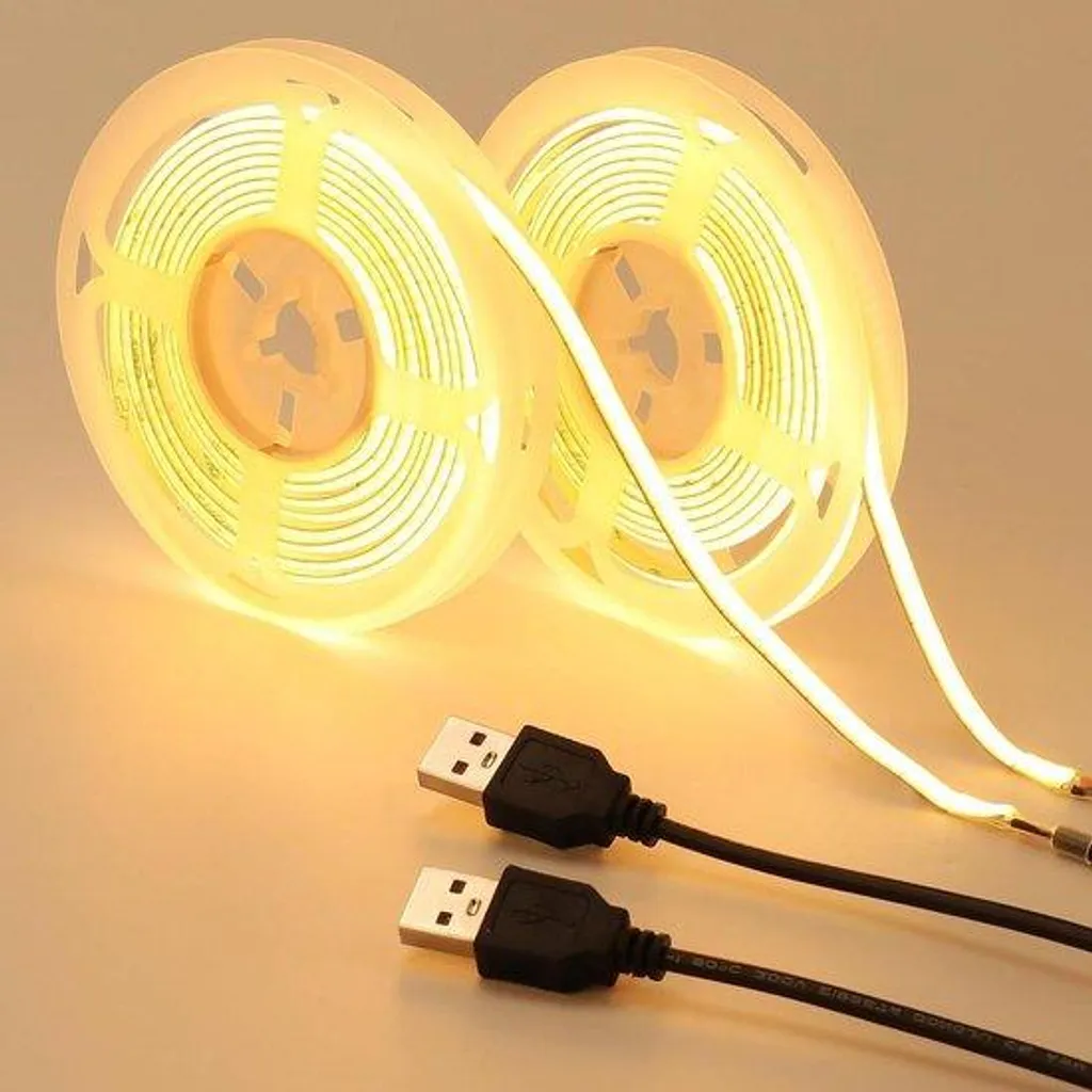 Bande LED USB COB 5V 5mm Blanc Chaud 3000K 4m Ruban Flexible Lumineux