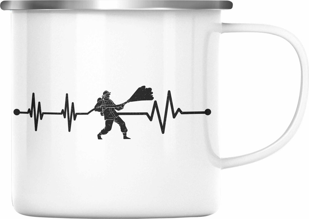 Trendation - Feuerwehr Herzschlag Geschenk Emaille Tasse Feuerwehrmann Geschenkidee Lustig Männer (Silber)