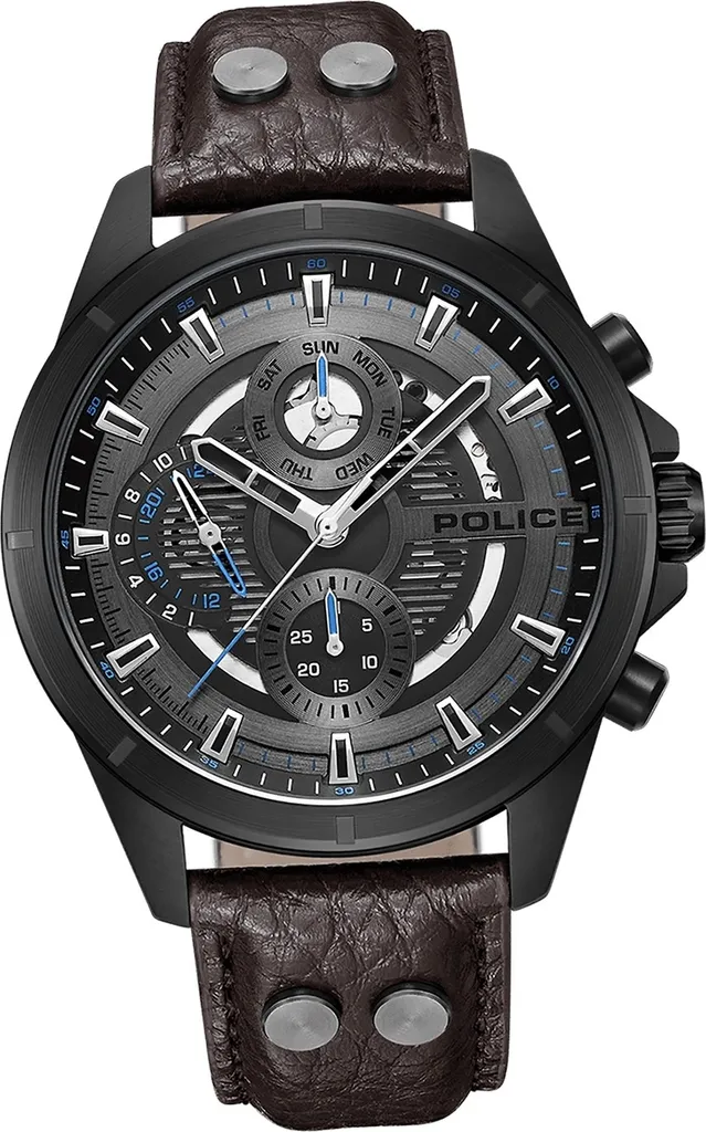 Montre Chronographe Police Malawi : Cuir Brun et Design Robuste Homme