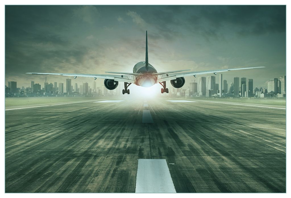 Wallario Küchenrückwand aus Glas, Größe: 90 x 60 cm, Motiv: Startendes Flugzeug - Landebahn | Spritzschutz | abwischbar | pflegeleicht | in