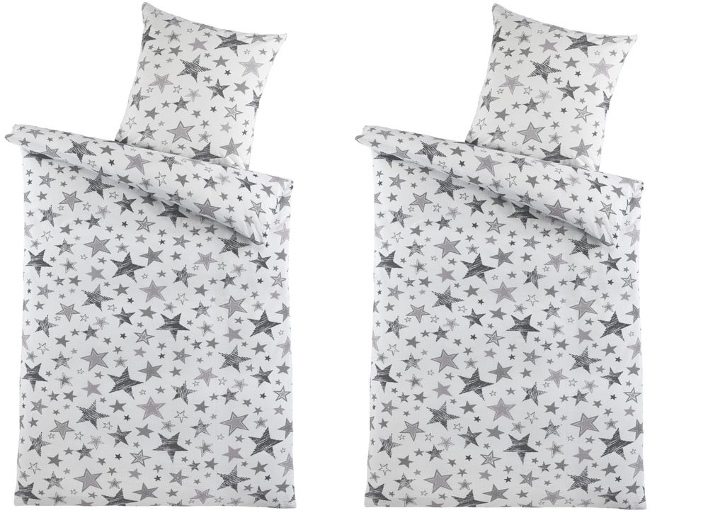 Bettwäsche Seersucker Baumwolle LUNA Sterne BÜGELFREI ca. 135x200 cm + ca. 80x80 cm mit Reißverschluss Größe: 4 teilig