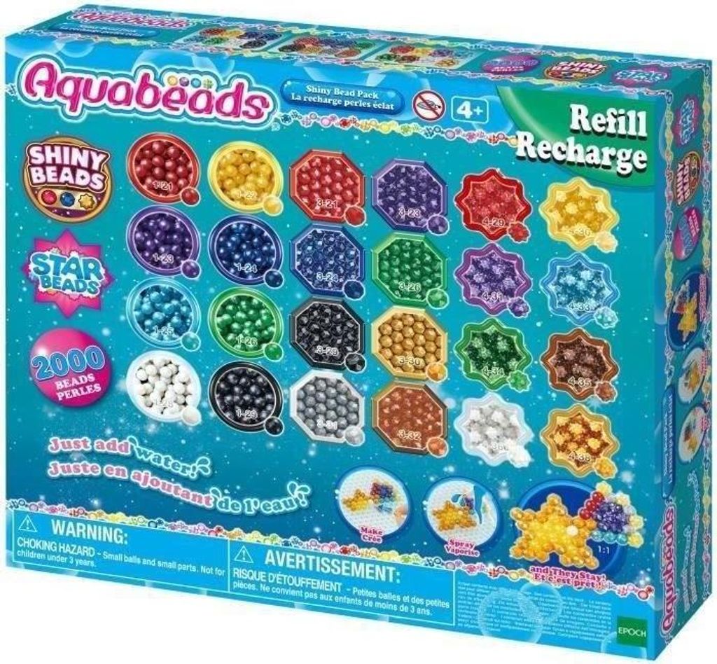 Aquabeads Nachfüllpackung, 2000 Glitzerperlen in 8 Farben und 3 Formen, Wasserperlen, Ab 4 Jahren