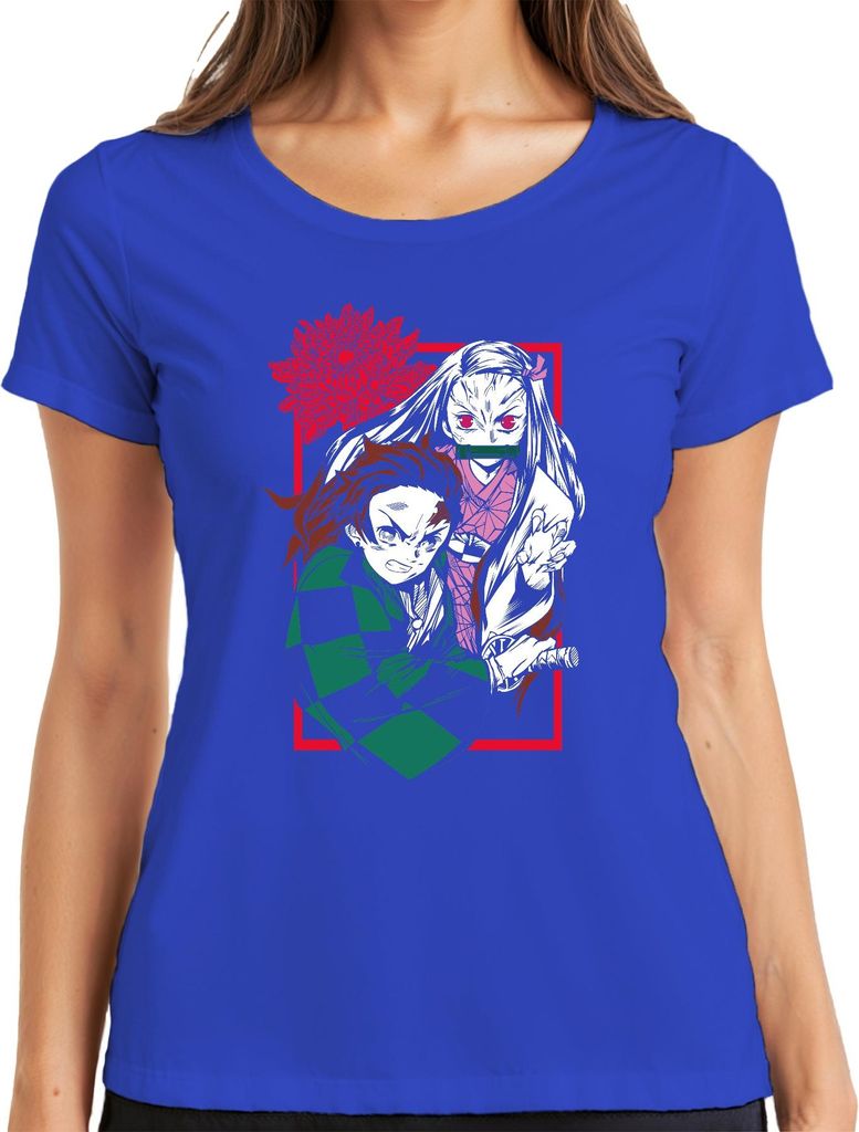 Kimetsu No Yaiba Tanjiro Nezuko Anime Dämonenjäger Katana Fan Damen T-Shirt, Blau, L