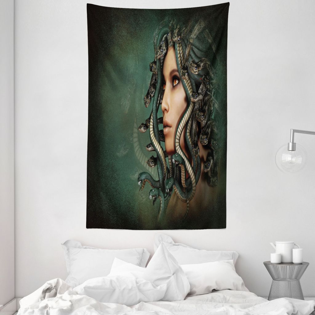 ABAKUHAUS Mythos Wandteppich und Tagesdecke, Frau Snakes aus Weiches Mikrofaser Stoff Waschbar ohne Verblassen Digitaldruck, 140 x 230 cm, Grün un...