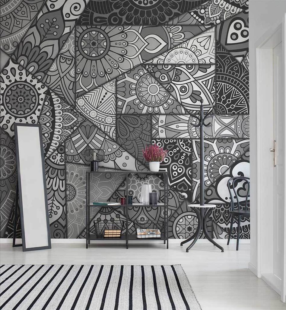 Fototapete Buntglasfenster schwarz weiß, Material:Superior Vlies 350g/qm, Größe Tapete:520 x 300cm