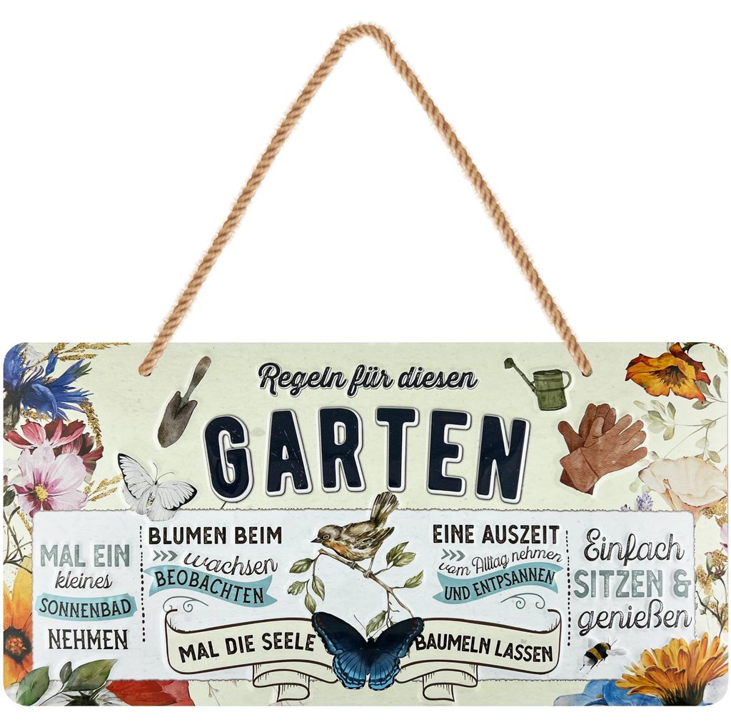 LANOLU Garten Regeln Retro Blechschild mit Jutekordel, geprägtes Metallschild Gartenschild mit Spruch, Deko für draußen, 16x32 cm
