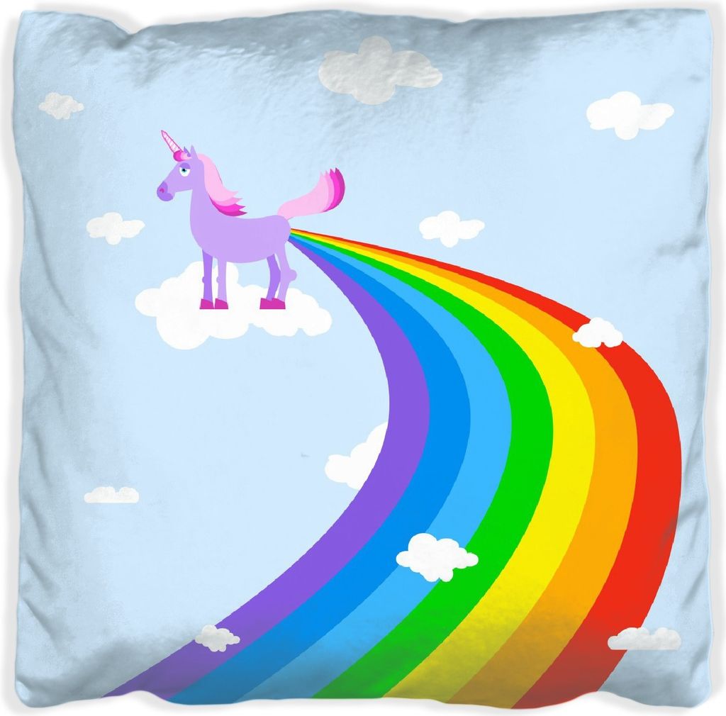 Wallario Premium Kissen, weiche Oberfläche, mit Motiv Einhorn mit Regenbogen aus dem Hintern, Größe: 30 x 30 cm, mit weißer Rückseite