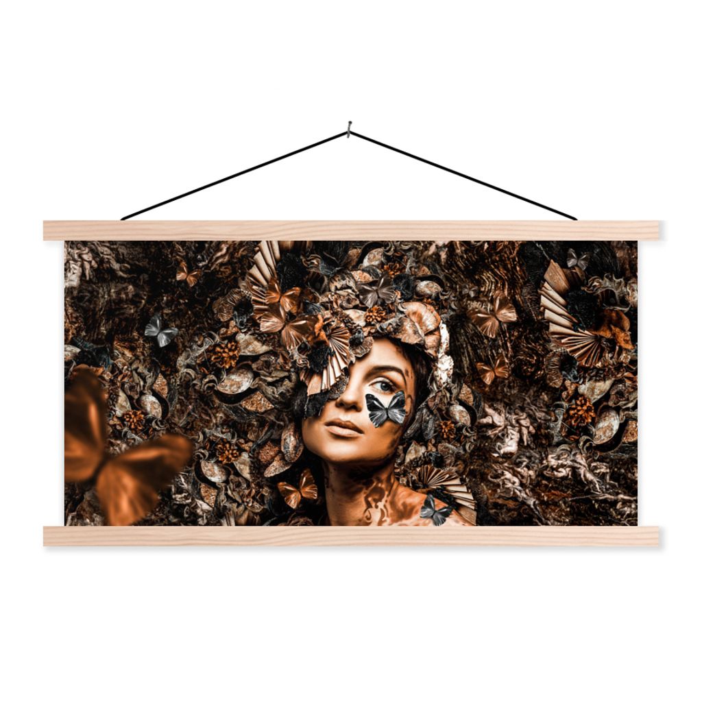 MuchoWow Textilposter Schmetterling - Frau - Chic 120x60 cm mit holzfarbenen Rahmen - Klemmleiste