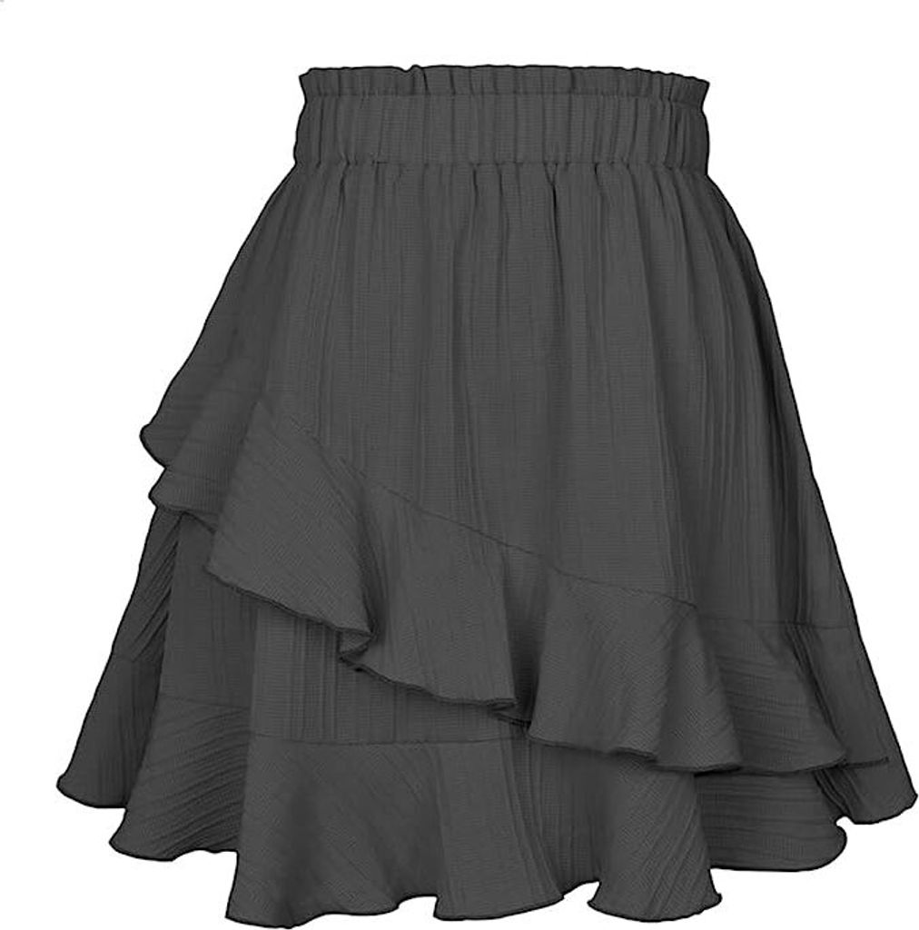 Solid Rock Falten A-Linien-Kleid Sommer Kurzer Rock mit Rüschen(Schwarz,XL)