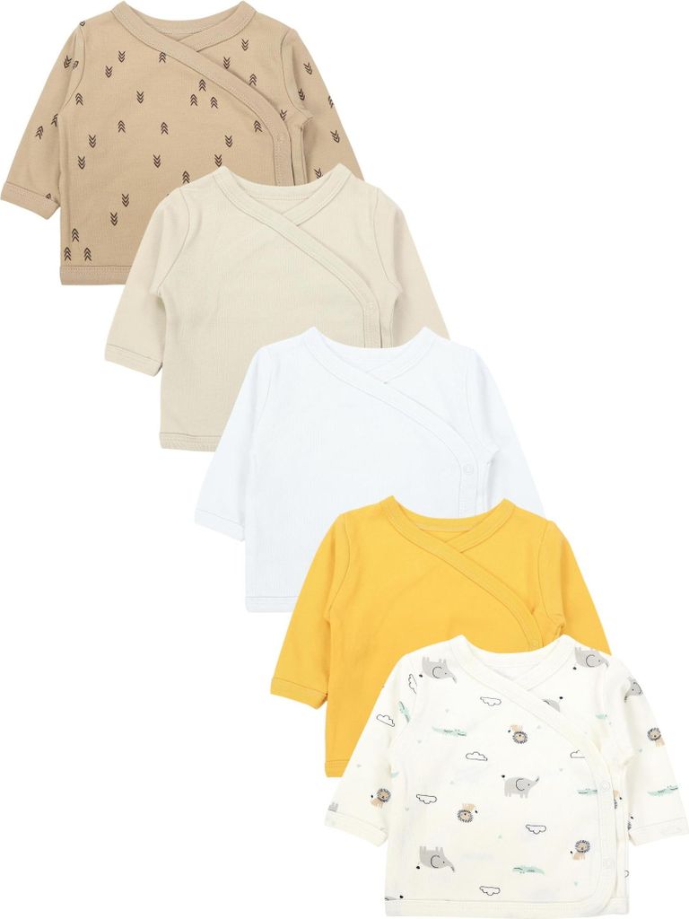 TupTam Baby Jungen Langarm Wickelshirt Baumwolle 5er Set, Farbe: Braun_Gelb_Tiere_Beige_Grau, Größe: 50