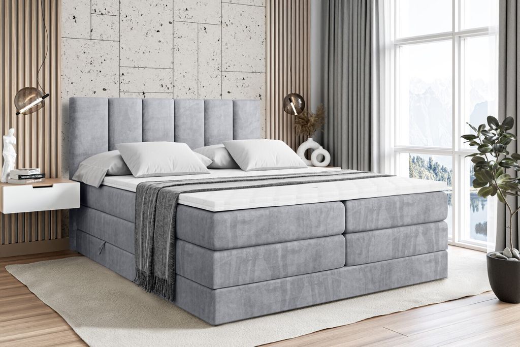 ALTDECOR Boxspringbett mit 2 Matratzen und Topper - 180x200 cm - BOXI1 KING - Hellgrau Samt - Polsterbett mit, H3- und H4- Matratzen, Bettkasten un...