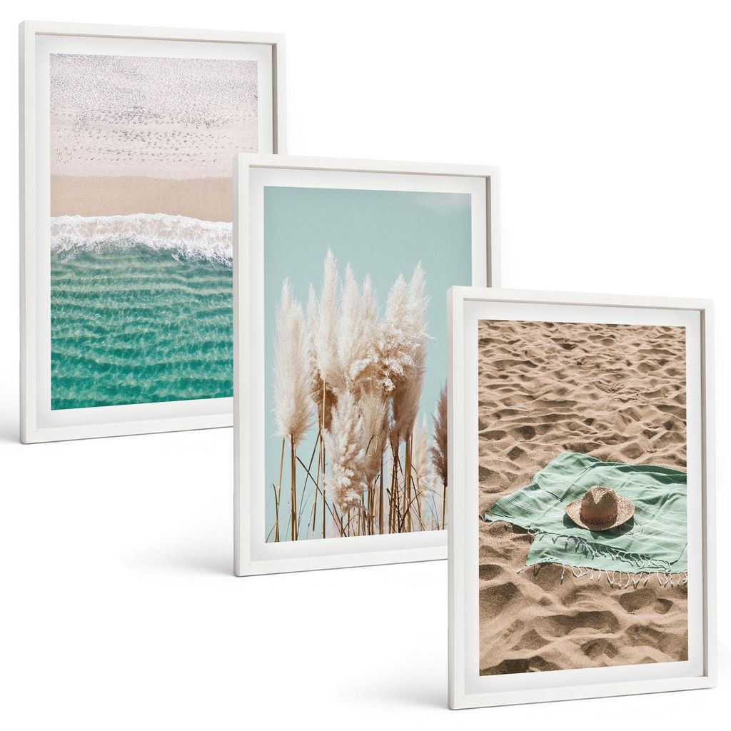 Bilder Set 3-teilig im weißen Rahmen – Wandbilder 3 Stück – gerahmte Poster für Wohnzimmer, Schlafzimmer und Flur – 40x60 cm – Strandwel...