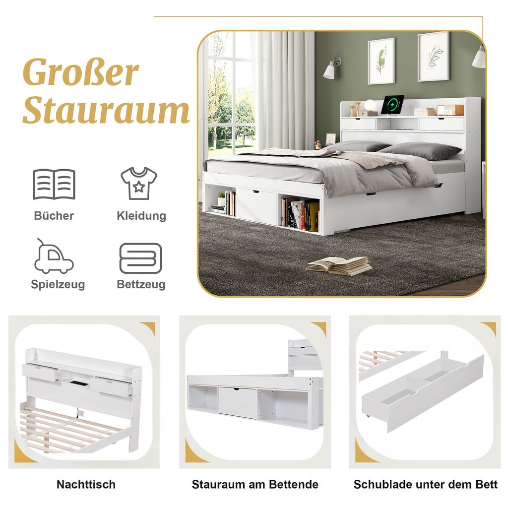 Gegtuon Doppelbett 140x200 Mit LED-Licht & USB - Kinder Jugendbett Mit Stauraum
