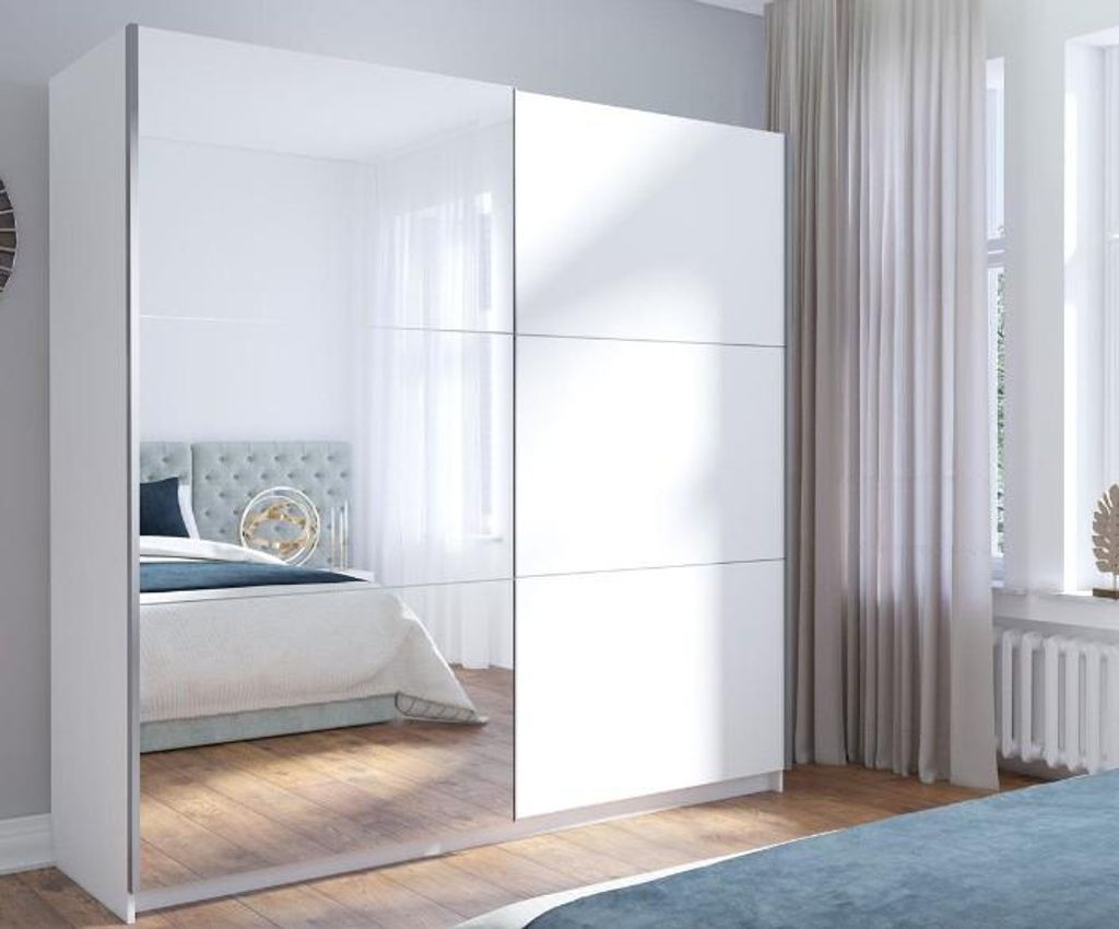 Großer Kleiderschrank 201 cm mit Spiegel APASTO - weiß