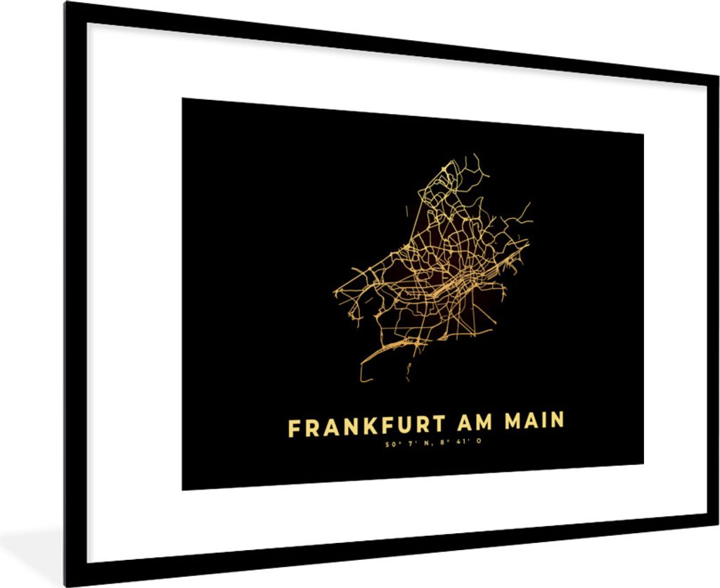 MuchoWow Gerahmtes Poster Karte - Gold - Frankfurt - Stadtplan - Karte 90x60 cm - Poster mit Schwarzem Bilderrahmen Wandposter Rahmen Foto Bilder...