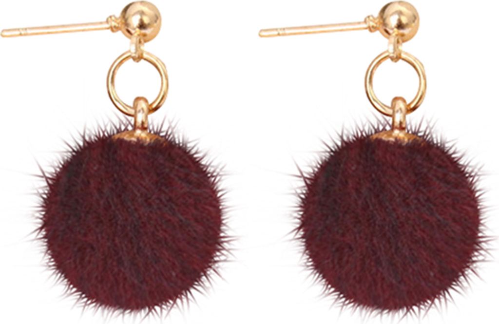 Mode Frauen Winter Schmuck Pom Pom Ball Drop Anhänger Charm Ohrstecker Geschenk-Weinrot