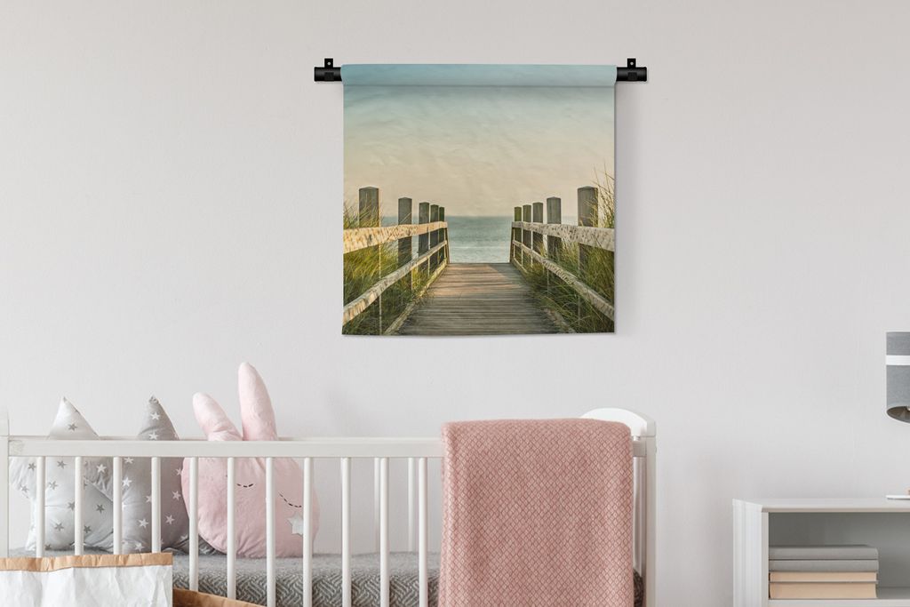 MuchoWow Wandteppich Wandbehang Meer - Weg - Zaun 60x60 cm Tapisserie Dekoration Wandtuch - Dekorationen - Wand Decke