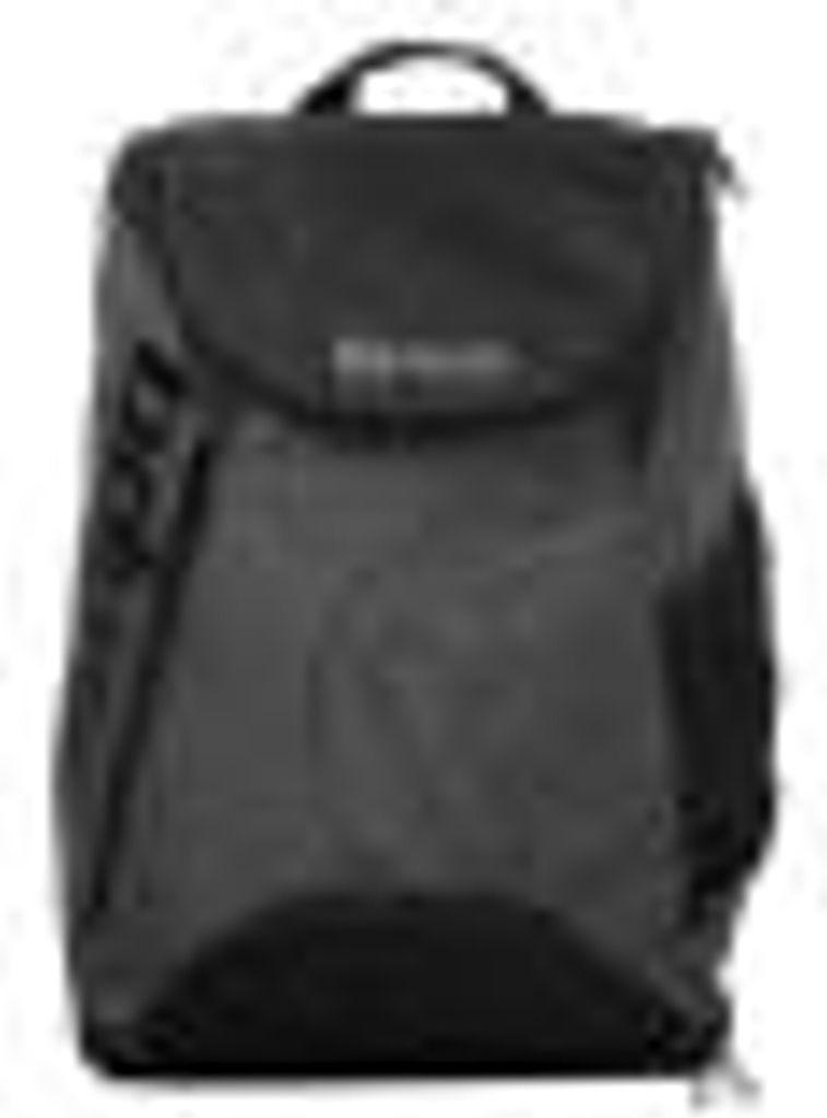 A black backpack is shown against a white background.