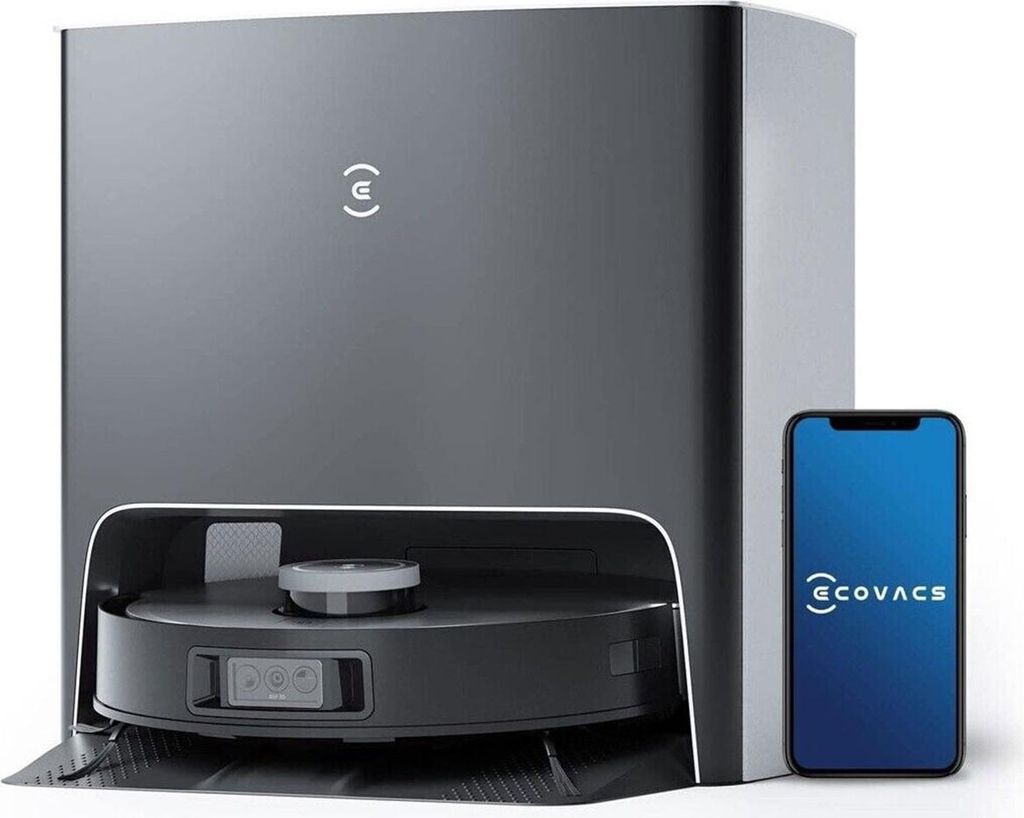 A robot vacuum cleaner and its charging station are shown next to a smartphone displaying the brand's app.
