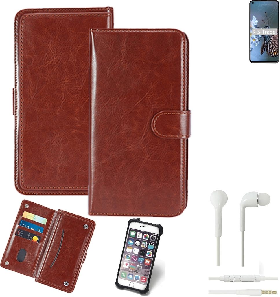 K-S-Trade 360° Hülle kompatibel mit HTC Desire 20 Pro inkl. Headphones braun Kunstleder Case BookCase WalletCase Kunstlederederhülle Handyhülle,