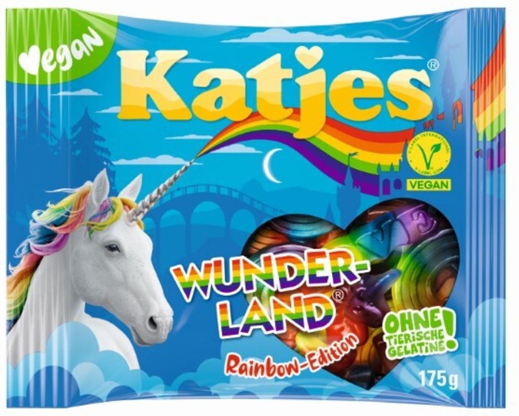 A bag of vegan fruit gummies with a unicorn and rainbow design.