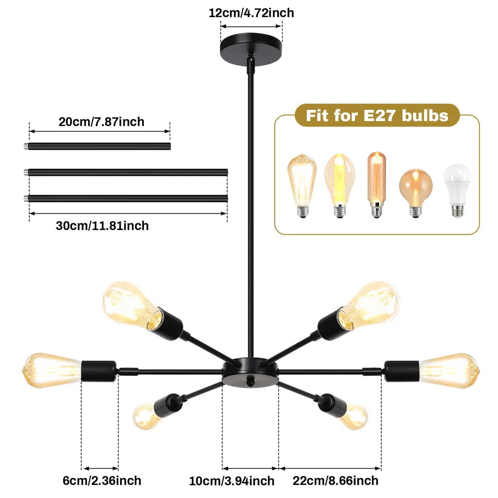 Lustre Noir Rétro 6 Lampes E27 : Solution Éclairage Puissant et Déco - 5