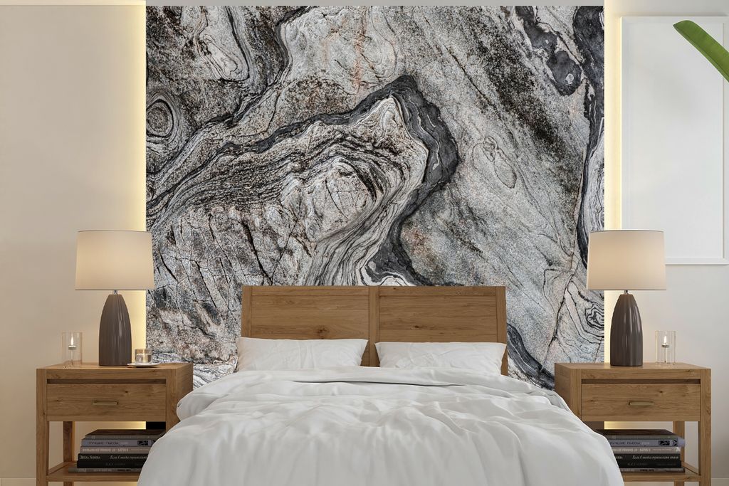 MuchoWow Fototapete für Wohnzimmer oder Schlafzimmer Wandtapete Vinyl Motivtapete Marmor - Stein - Schwarz - Weiß - 240x240 cm - Schlafzimmer-T...