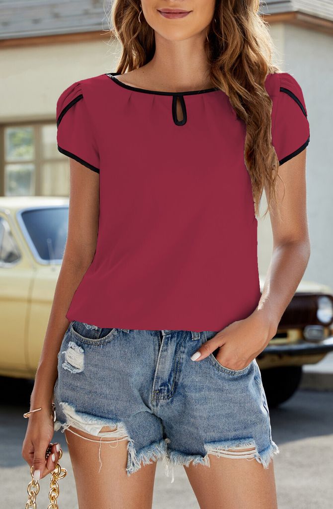 ASKSA Sommer Damen T-Shirt Rundhals Kurzarm Blütenblatt Ärmel Shirts Lose Einfarbig Oberteile Casual Tunika Tops, Weinrot, XL
