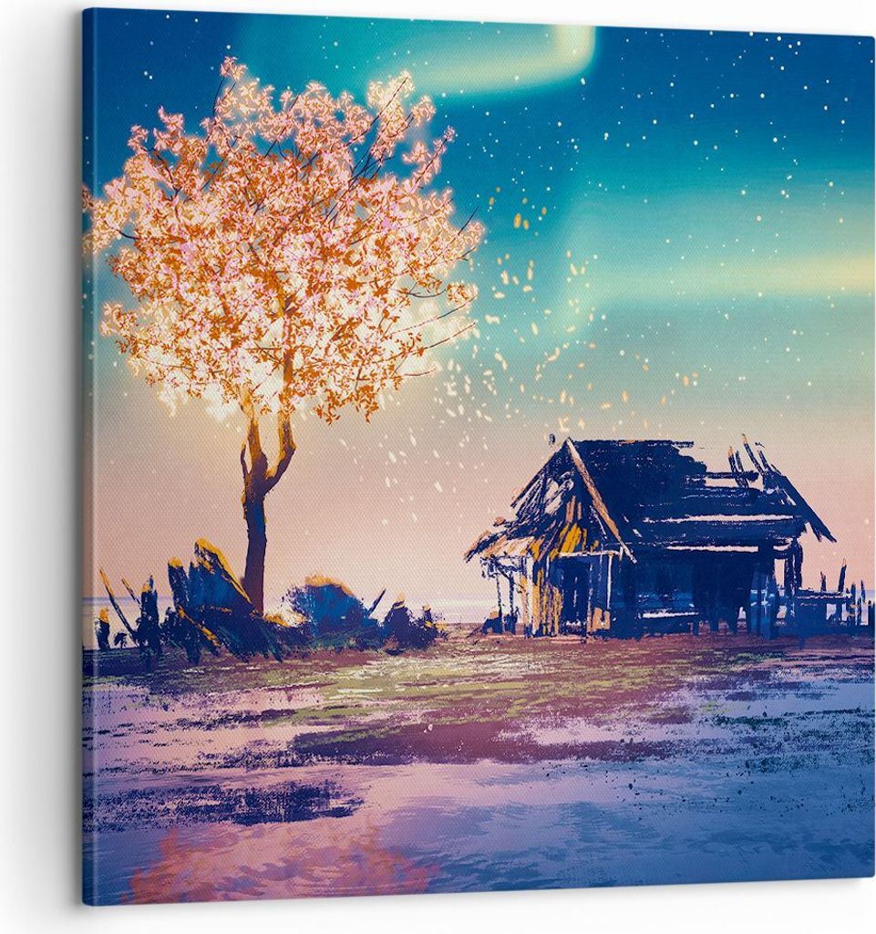 Bild auf Leinwand - Leinwandbild - Baum Haus Nacht Sterne - 60x60cm - Wand Bild - Wanddeko - Leinwanddruck - Bilder - Kunstdruck - Wanddekoration -...