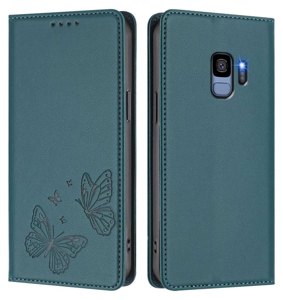 Lederhülle für Samsung Galaxy S9, Schmetterling Prägung Leder Brieftasche Schutzhülle mit Ständer Grün