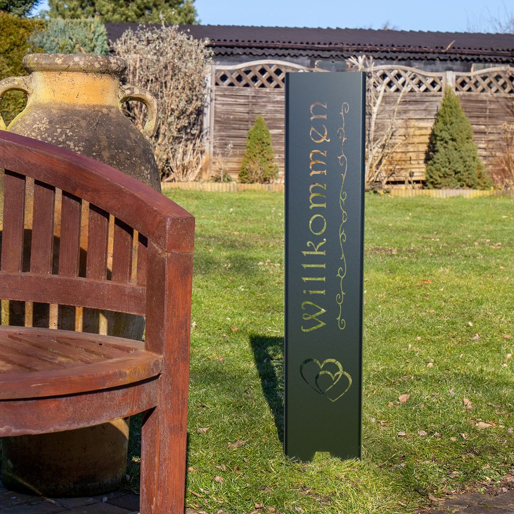Willkommen Gartenstecker Gartenschild | Rost Garten-Deko | 120cm x 21cm, Design:Doppelherz Schwarz