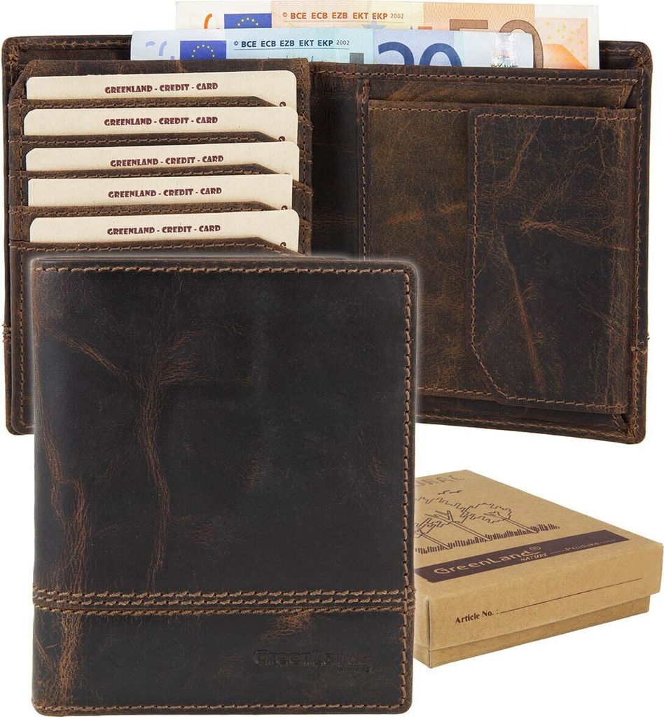 Greenland Herrenbörse mit 15 Kartenfächern, braunes Fettleder