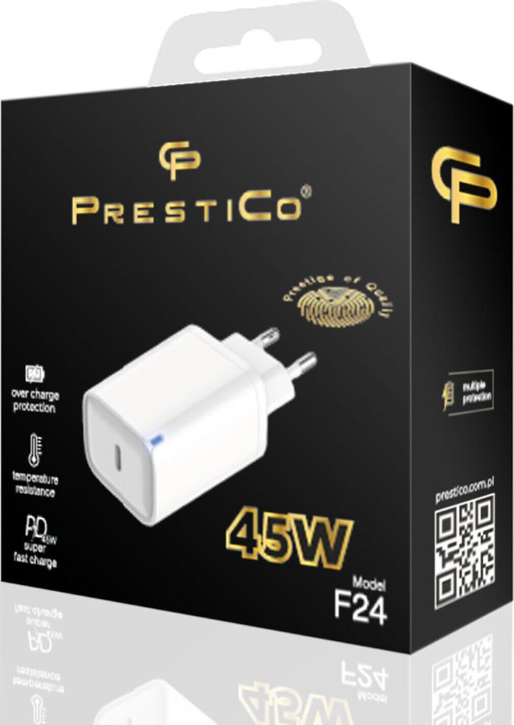 A black product box with a white charger and text.