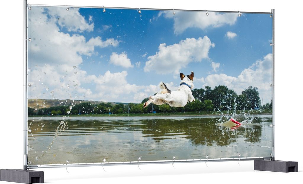 Wallario XXL Outdoor-Poster für Garten oder Balkon, Motiv Jack Russel Terrier im Wasser, in ca. 340 x 173 cm