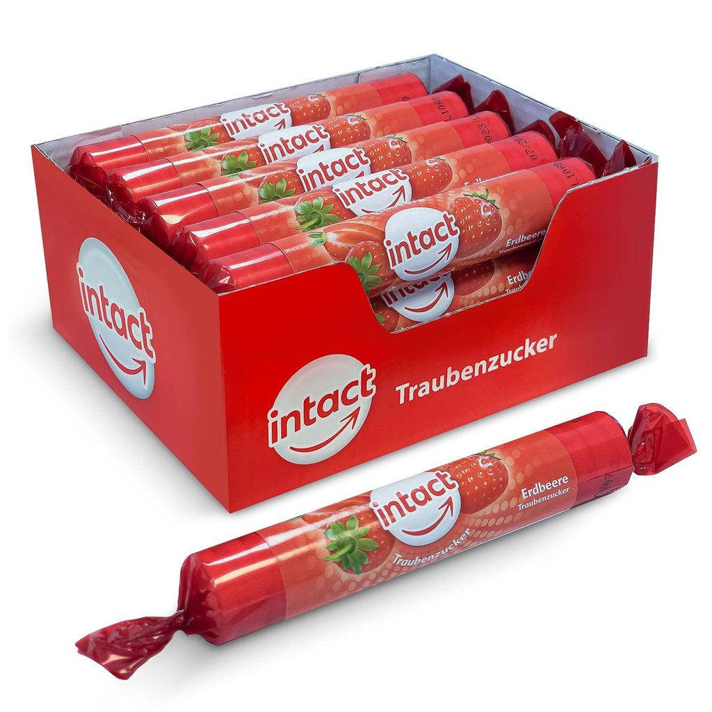 intact Traubenzucker (Erdbeere) Rolle 15 St. - Multipack (15 x 40g) Traubenzucker Bonbons - 100% Vegan