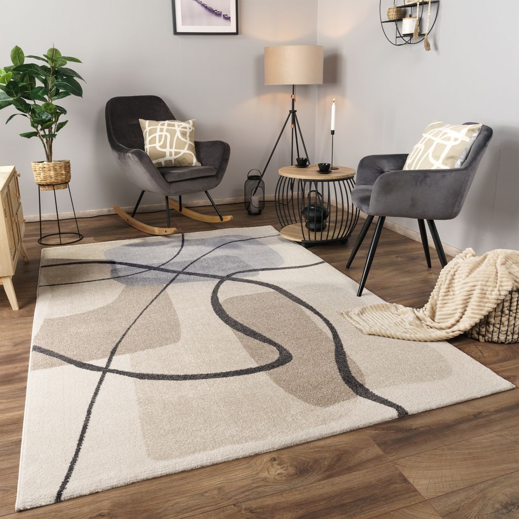 Teppich Wohnzimmer Kurzflor Abstraktes Muster Geometrisch Bogen Grösse 240x340 cm