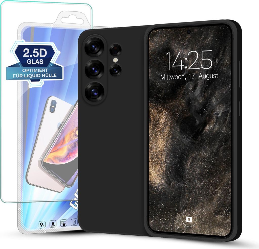 A black phone case and screen protector are displayed next to a smartphone.