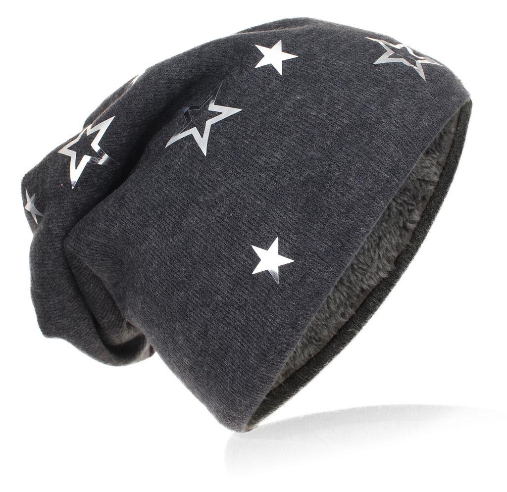 Kinder Strick Beanie Silber Stern Anthrazit M