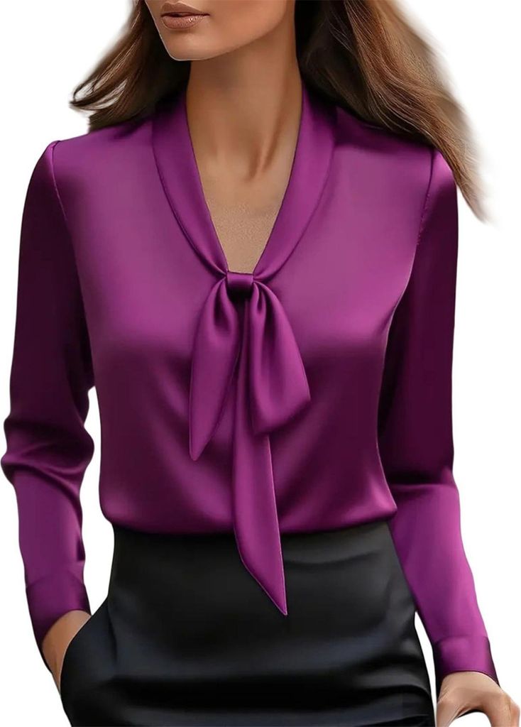 ASKSA Damen Satin Bluse Schleife Langarm Elegante Oberteile Seide Hemdbluse Arbeitshemd Business Langarmshirt (Violett,L)