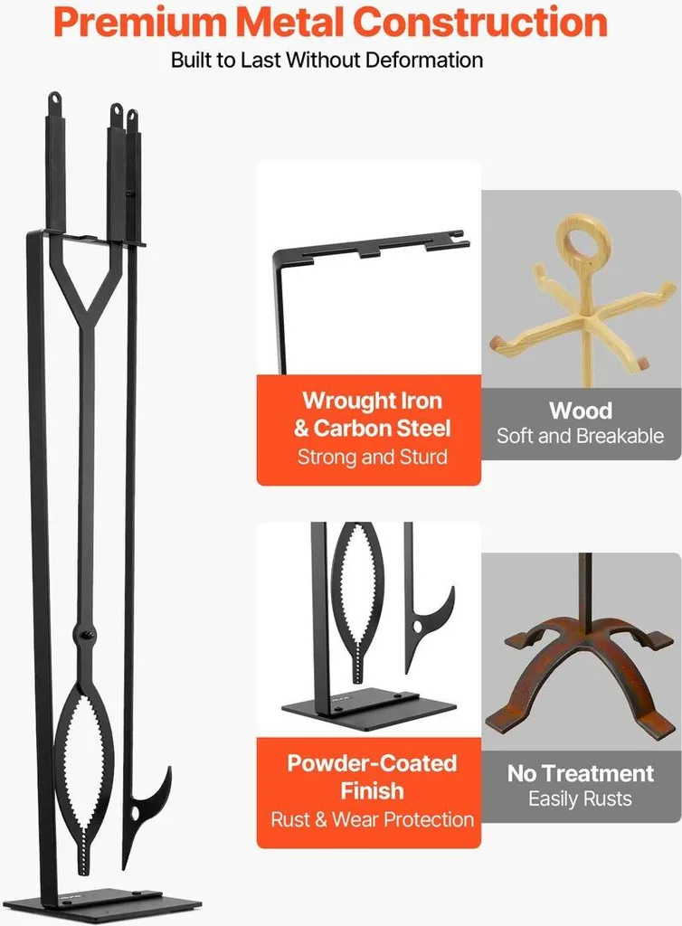 Ensemble d'outils pour cheminée en fer forgé noir (3 pcs) avec support - 3