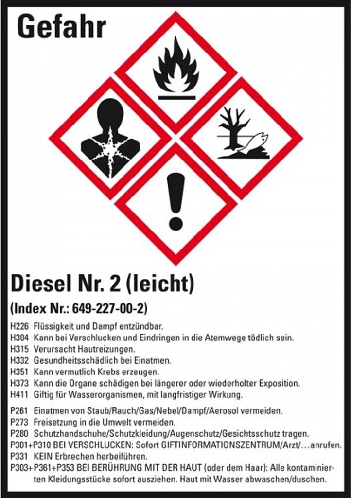 Dreifke Aufkleber I Gefahrstoffetikett Diesel No.2, GefStoffV/GHS/CLP, Folie...