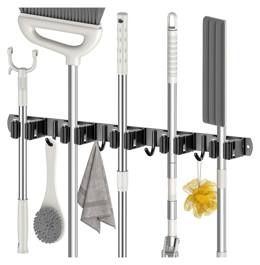 Wandbesenhalterung, Selbstklebender Besenhalter mit 5 Haltern und 4 Haken, Edelstahl Gerätehalter Schraubbar, Halterung für Gartengeräte, Besen-...
