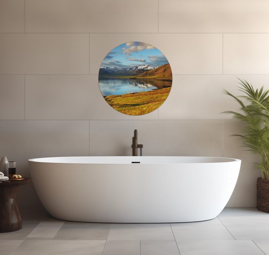 Wallario wasserfestes Poster selbstklebend 60 x 60 cm, Bergpanorama mit Spiegelung im See, Badezimmerposter Spritzschutz mit Hochglanzoberfläche i...