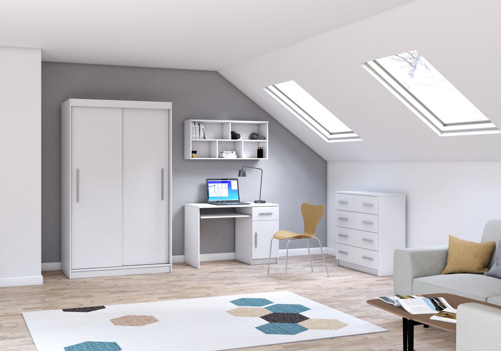 Jugendzimmer Komplett – Set 4-teilig Schrank Wandregal Kommode Schreibtisch Weiß/Weiß TOBBY BIS 04