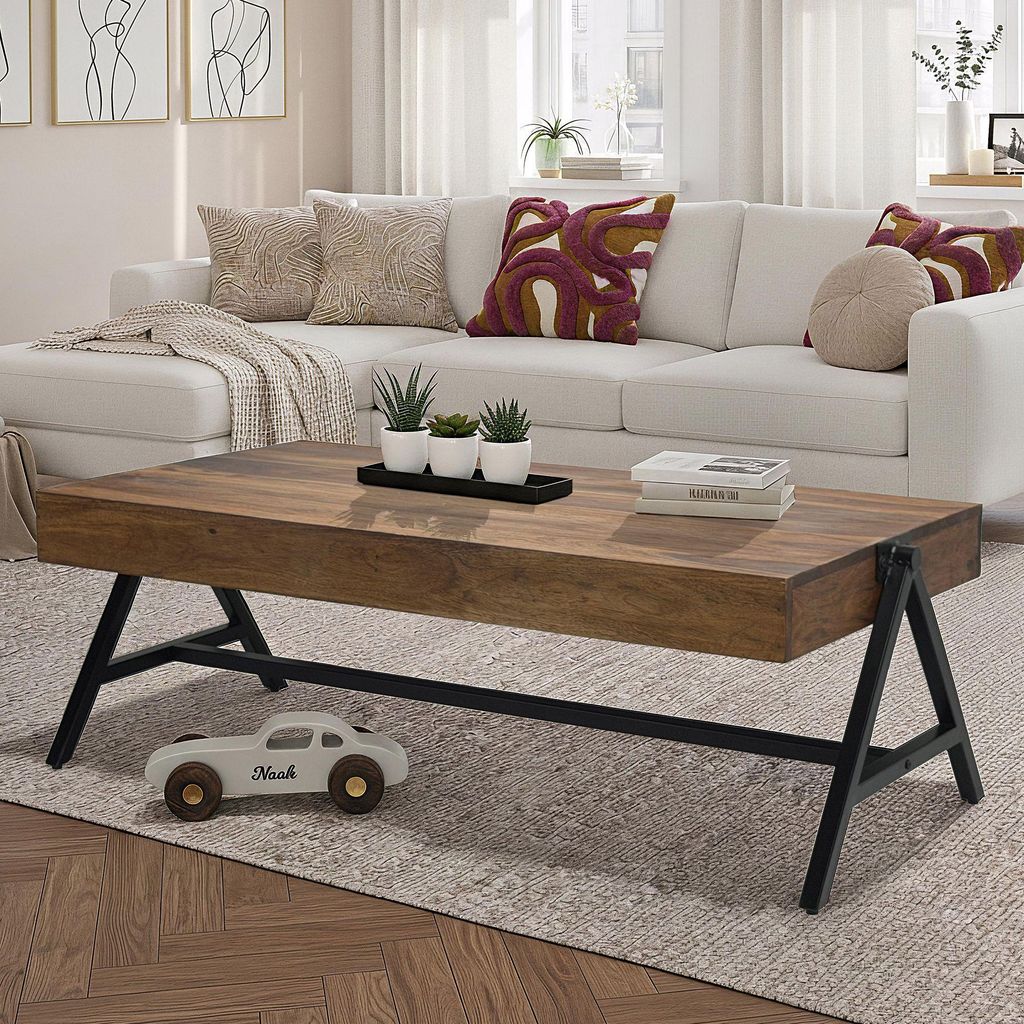 WOHNLING Couchtisch Sheesham Massivholz 120cm · Handgefertigter Wohnzimmertisch mit schwarzem Metallgestell · Moderner Sofatisch im Industrial De...