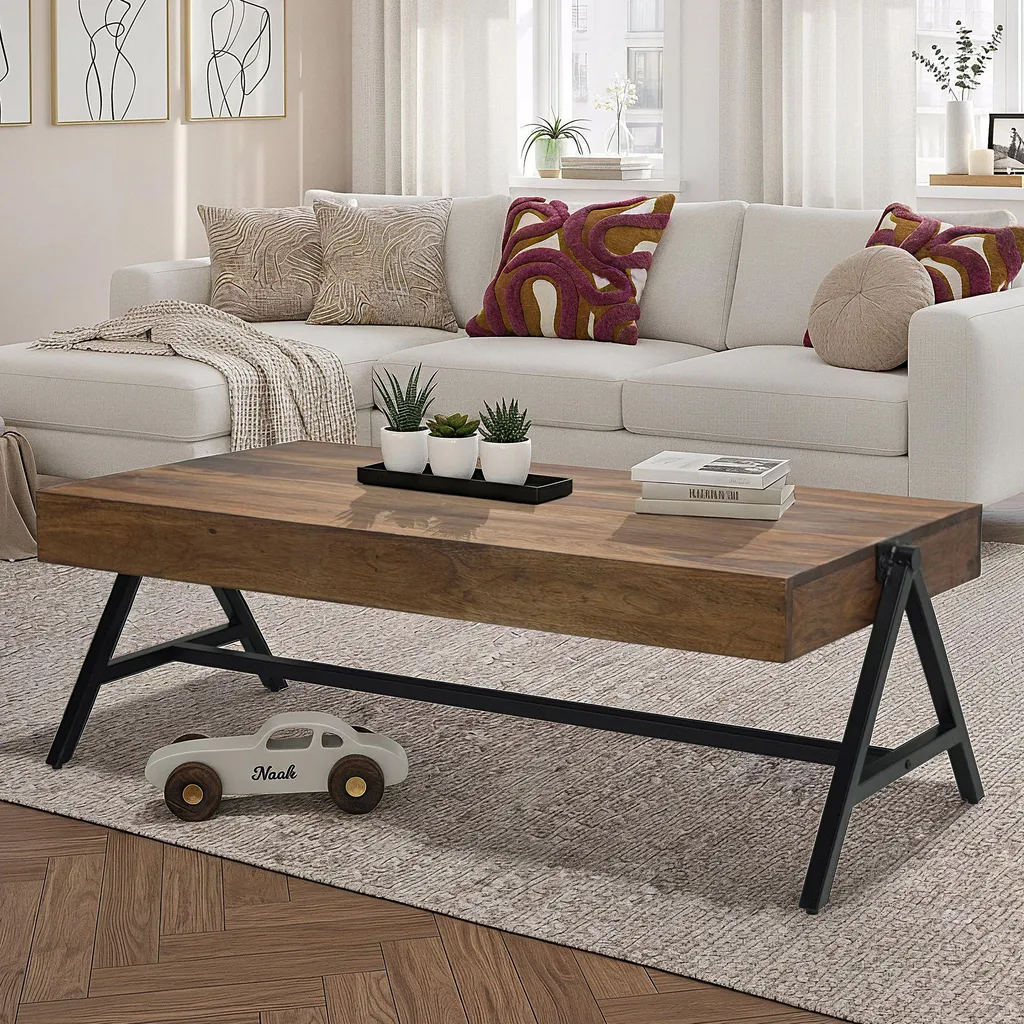 Table basse bois massif Sheesham 120cm et cadre métal noir WOHNLING